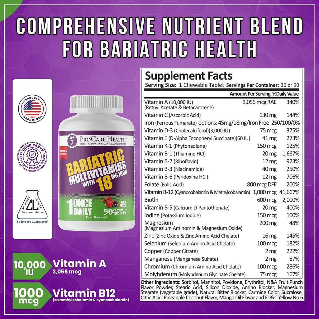 ProCare Health Multivitamínico Bariátrico Masticable con Hierro 18mg - 90 Comprimidos Sabor Fruta