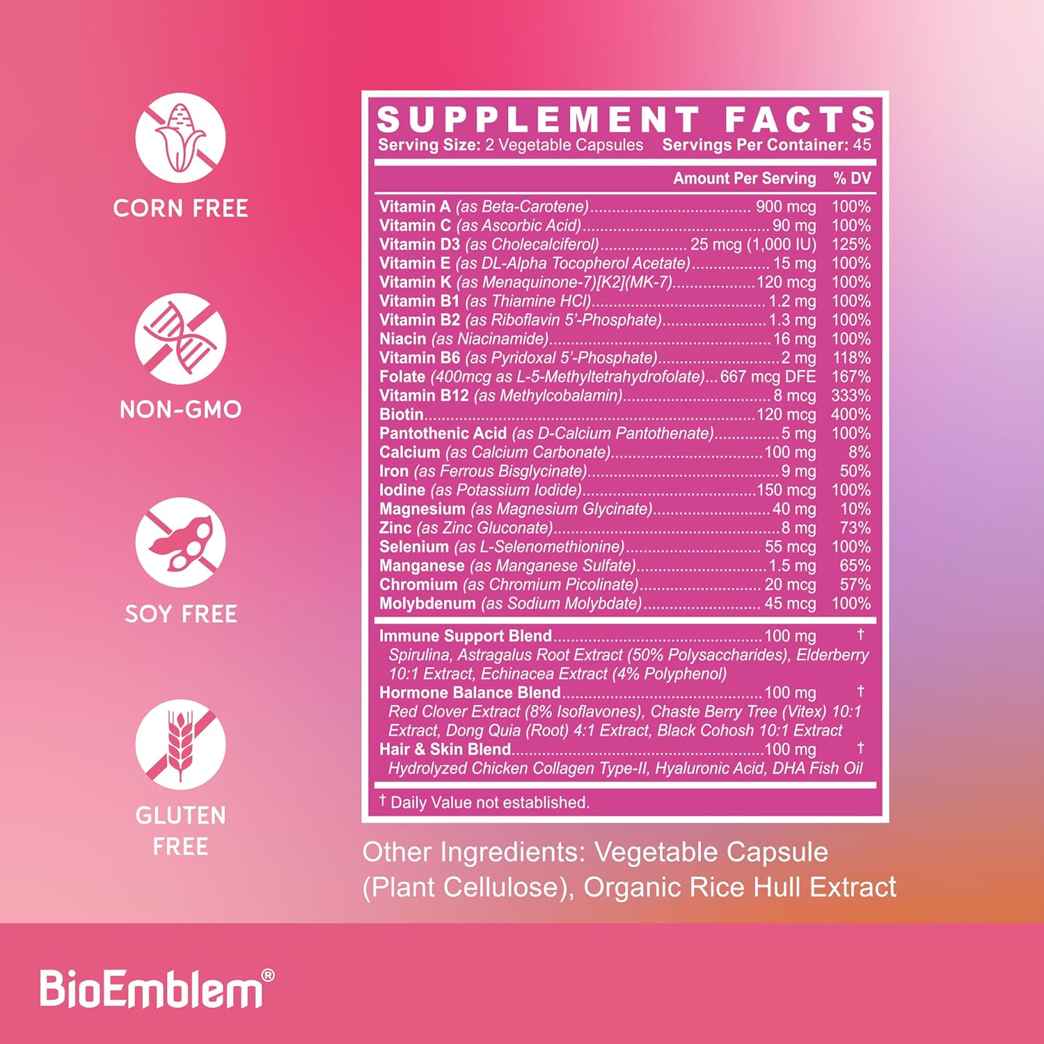 BioEmblem Multivitamínico para Mujeres - Completo Diario con Vitaminas, Minerales, Colágeno y Extractos Vegetales - 90 Cápsulas