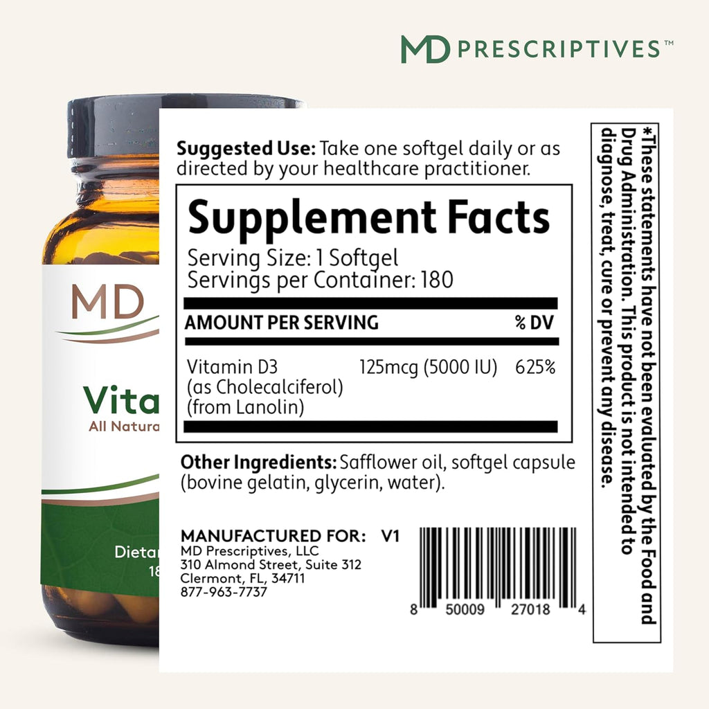 MD Prescriptives Vitamina D3 180 Cápsulas Blandas - 125 mcg (5000 UI) - Máxima Absorción para Huesos, Músculos e Inmunidad - No GMO, Vegetariano