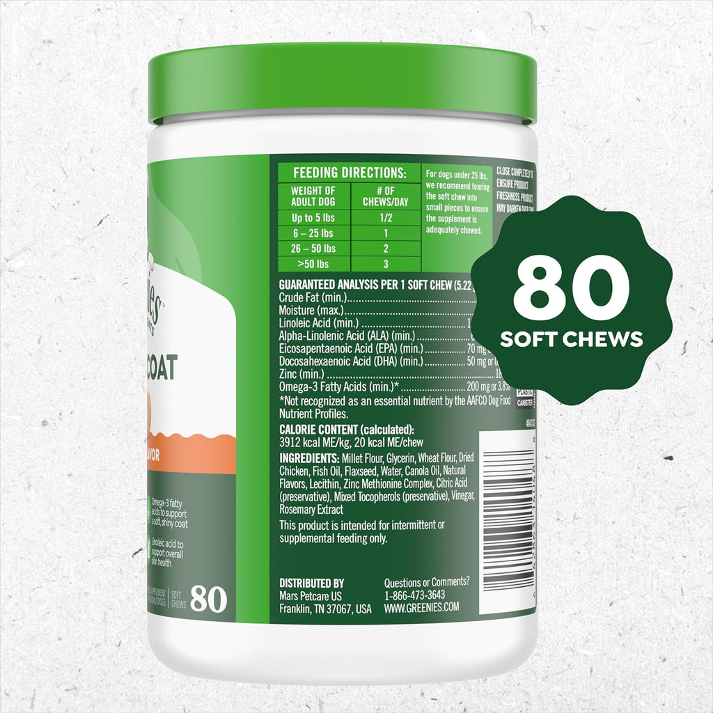 Greenies Suplemento para Perros Piel y Pelaje con Aceite de Pescado y Omega 3, Sabor a Pollo, Gomitas Blandas, Tarro de 417 g, 80 unidades