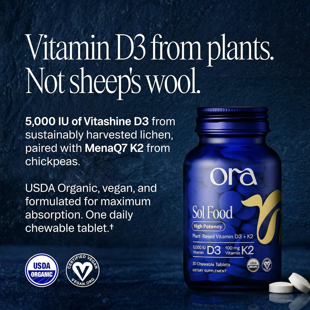 Ora Organic Vitamina D3 5000IU + K2 - Vitamina D Vegana de Líquenes y K2 de Garbanzos para la Salud Ósea, Apoyo Inmunitario y Estado de Ánimo - 30 Comprimidos Masticables