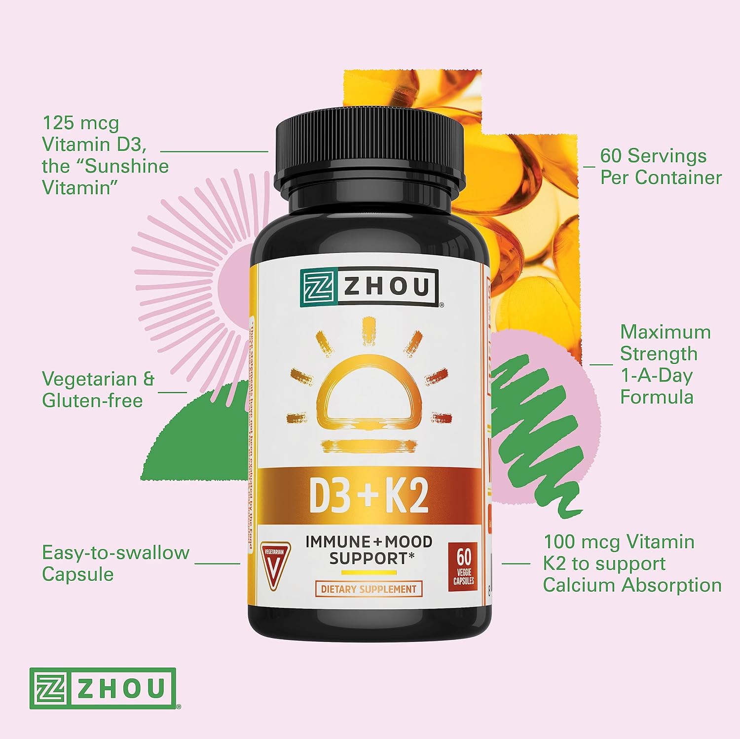 Zhou D3+K2 - Suplemento de Vitamina D3 y K2, 5000 UI D3 y 90 mcg MK-7, 60 Cápsulas Vegetales