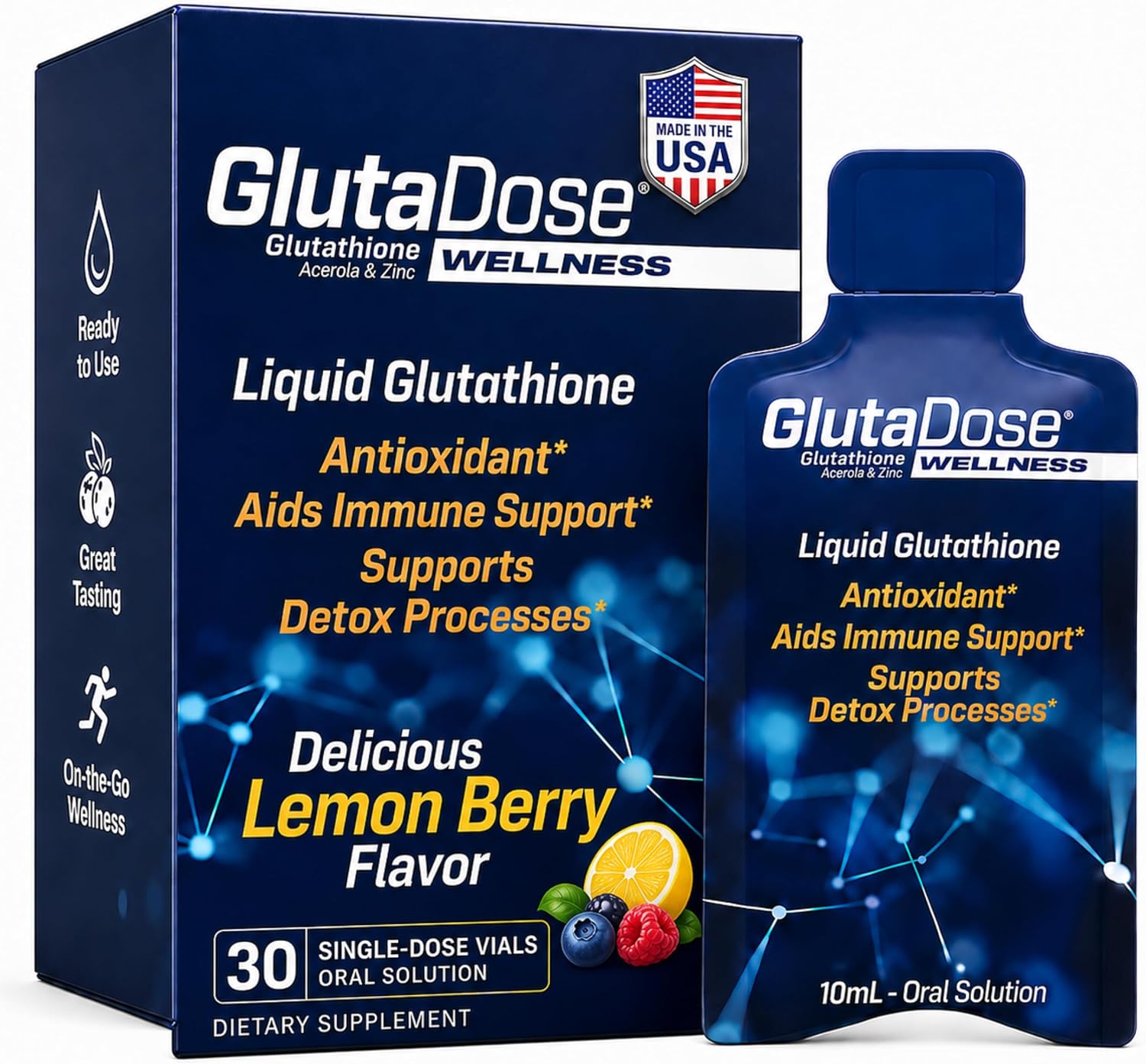 GlutaDose Suplemento Líquido de Glutatión con Acerola y Zinc, Sabor Limón-Arándano, 30 Viales