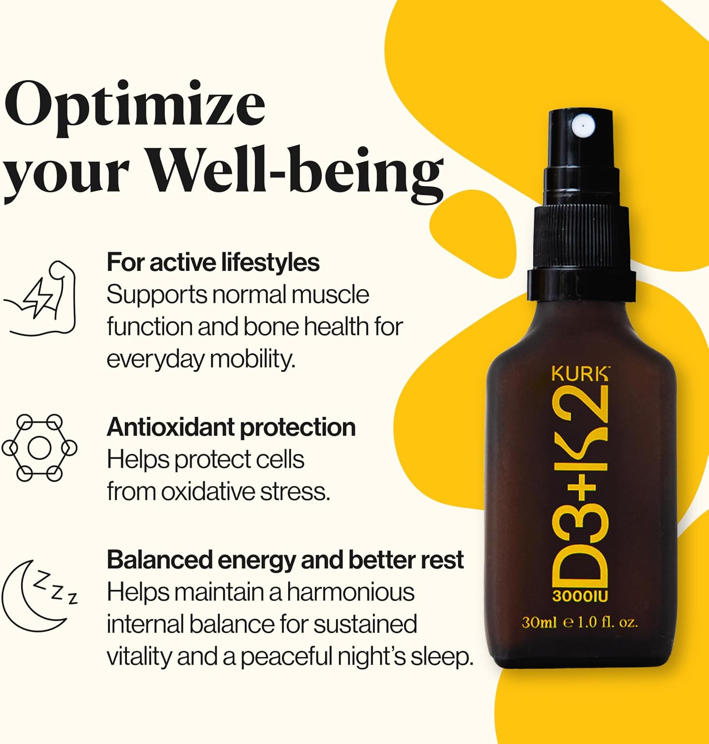 Kurk Spray Vegano de Vitamina D3+K2, 3000UI D3 y 150mcg K2 MK-7, Sabor Menta (30ml)