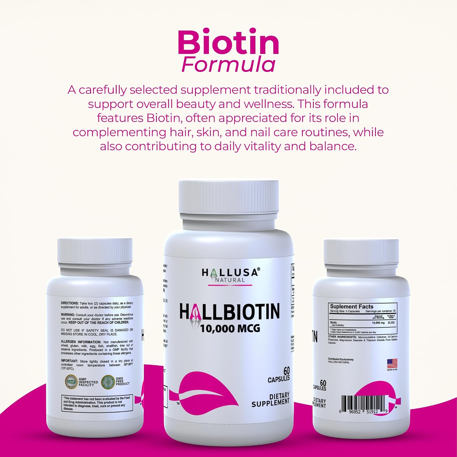 Hallusa Natural Biotina 10.000 mcg, 60 Cápsulas