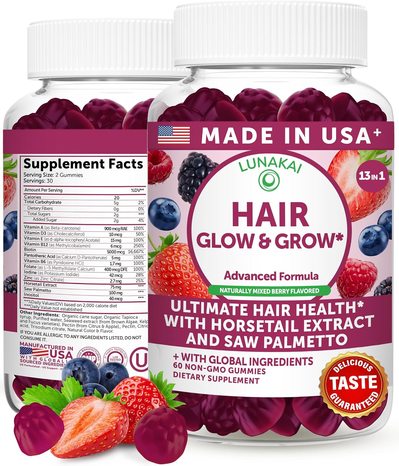 Lunakai Gominolas Super Cabello con Biotina, Zinc, Extracto de Cola de Caballo y Saw Palmetto - 60 unidades