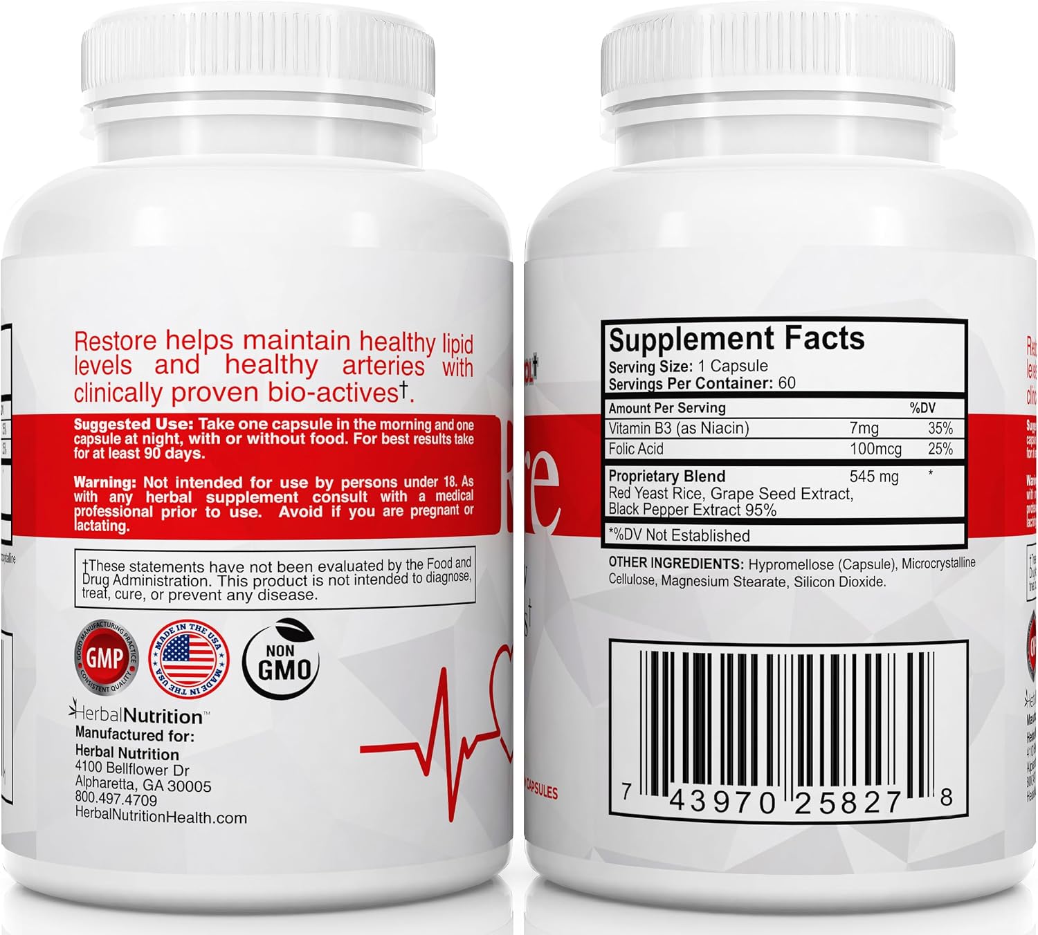 Herbal Nutrition Restore – Apoyo Salud Cardíaca y Colesterol, 60 Cápsulas