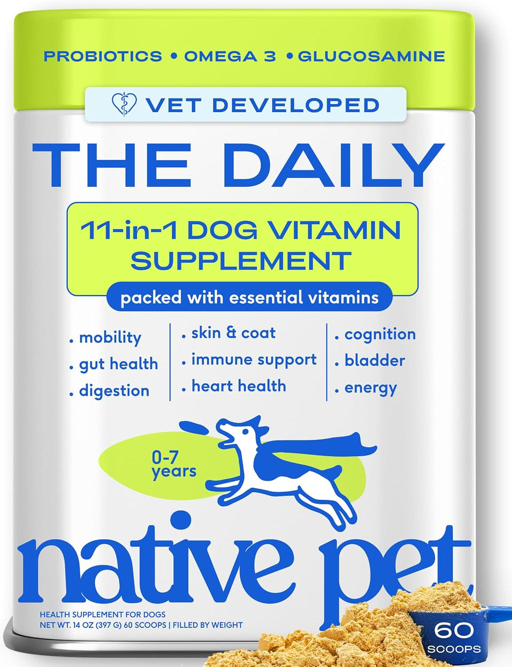 Native Pet Multivitamínico Diario para Perros - 11 en 1 en Polvo - Apoyo Completo para la Salud - 60 porciones