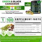 Herbpy Suplemento de Cardamomo 4en1 – Semillas de Cardamomo Verde y Negro con Cúrcuma y Pimienta Negra – Salud Digestiva – 100 Cápsulas Veganas