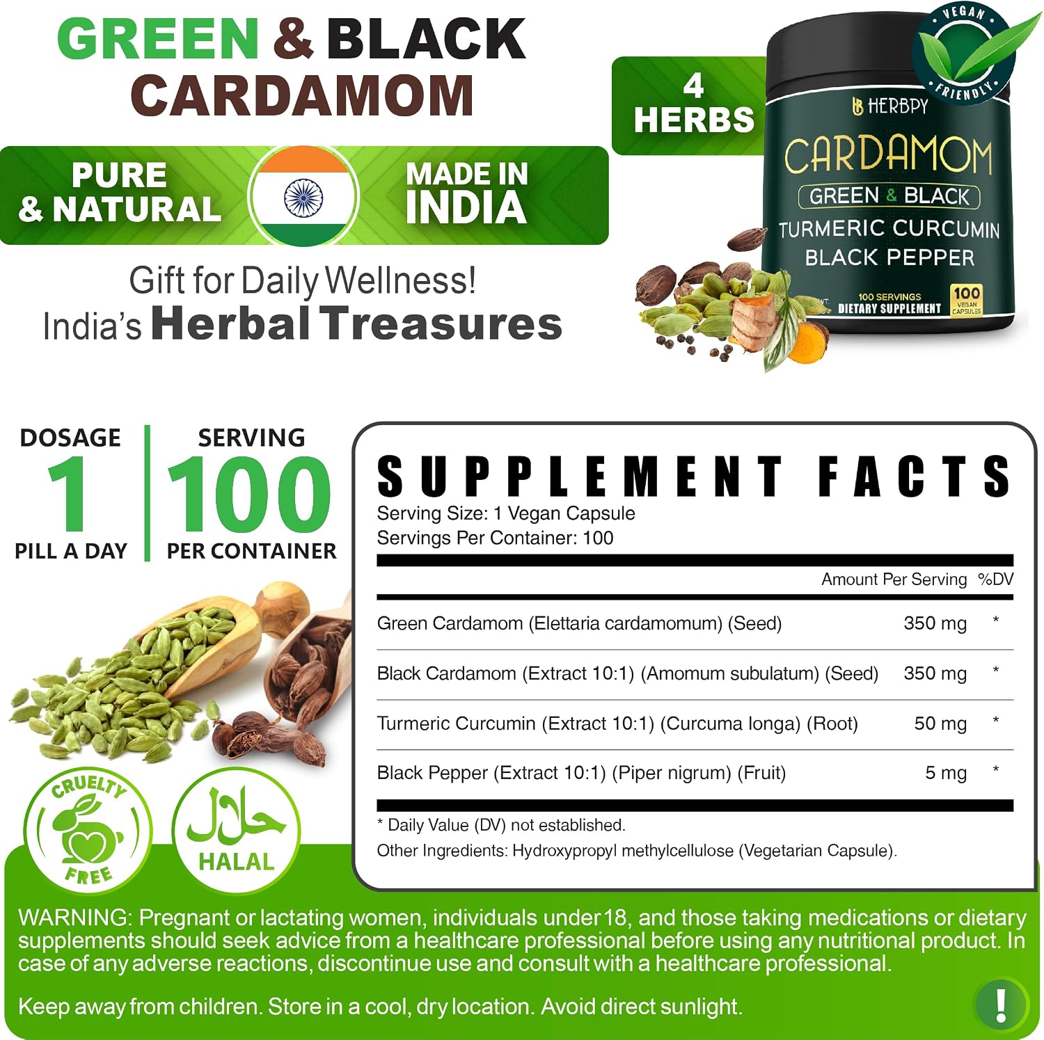 Herbpy Suplemento de Cardamomo 4en1 – Semillas de Cardamomo Verde y Negro con Cúrcuma y Pimienta Negra – Salud Digestiva – 100 Cápsulas Veganas