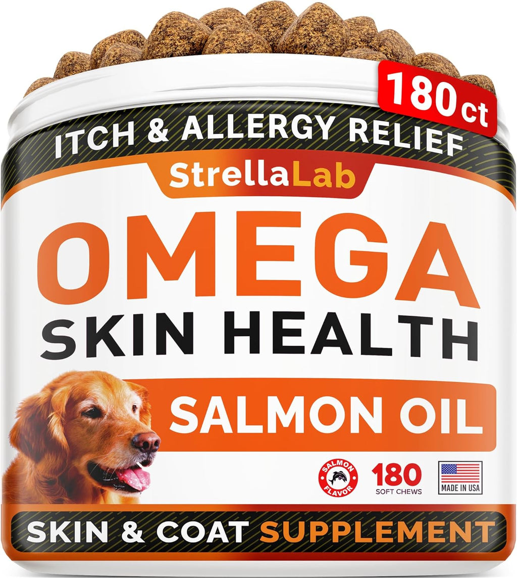 StrellaLab Omega 3 para Perros - 180 Golosinas de Aceite de Pescado - Suplemento para la Piel y el Pelaje - Sabor a Salmón Ahumado