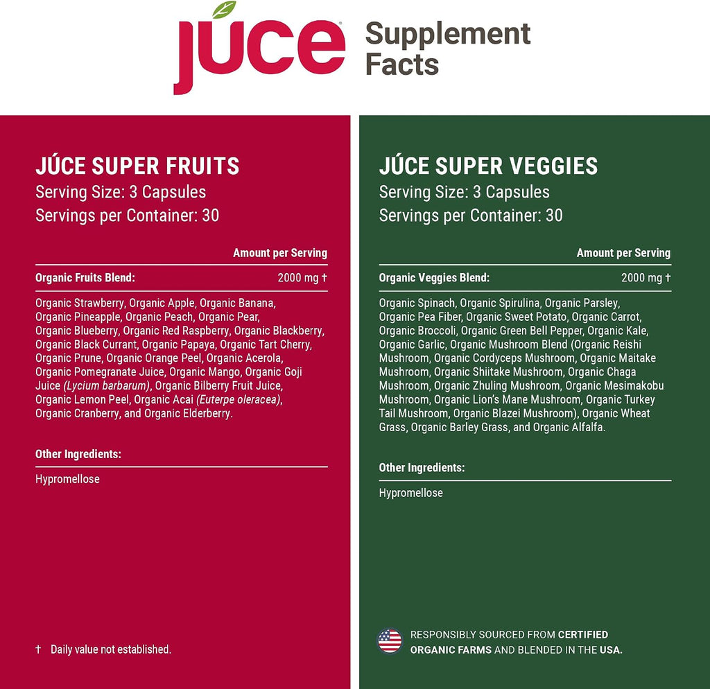 Juce Original Formula - Complemento Orgánico de Superfrutas y Verduras - 23 Frutas y 23 Verduras - 180 Cápsulas - Terra Kai Organics