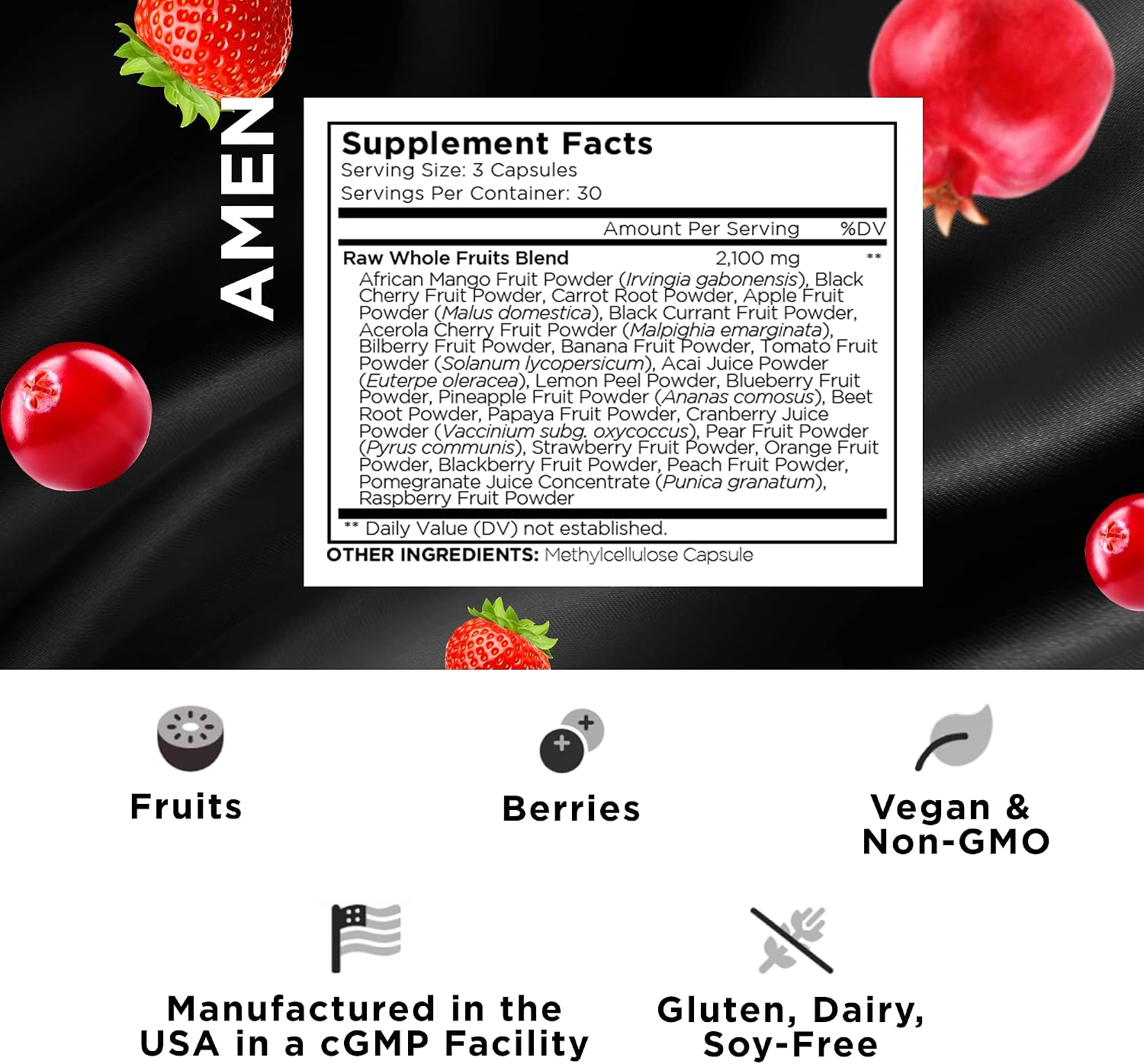 Amen Fruits, Suplemento Diario de Vitaminas con Más de 20 Extractos de Frutas Enteras - Multivitamínico Natural, Bayas, Antioxidantes, Polifenoles y Flavonoides - No-GMO - 90 Cápsulas