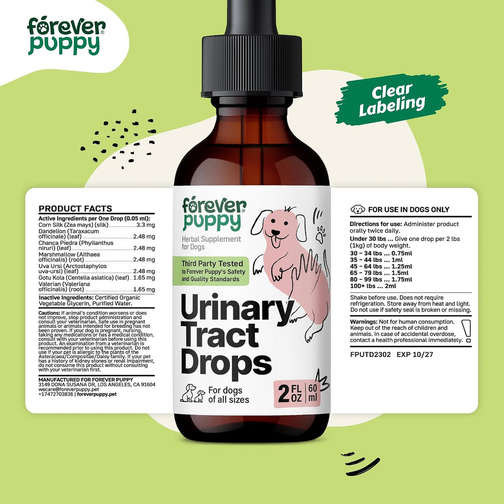 Forever Puppy Gotas para el Tracto Urinario de Perros - Suplemento Natural para la Vejiga con Seda de Maíz y Chanca Piedra - Sin Azúcar ni Alcohol - 60 ml