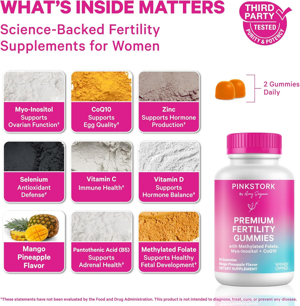 Pink Stork Gominolas de Fertilidad para Mujeres | CoQ10, Myo-Inositol, Folato Metilado | Apoyo para el Equilibrio Hormonal y la Función Ovárica | 60 Gominolas