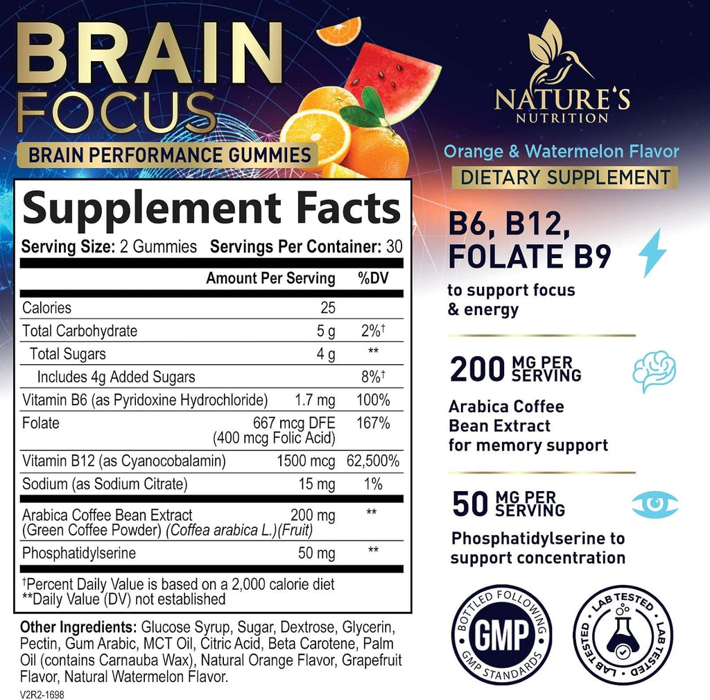 Nature's Nutrition Gomitas para Memoria y Concentración con Fosfatidilserina, B6 y B12 - 60 Gomitas