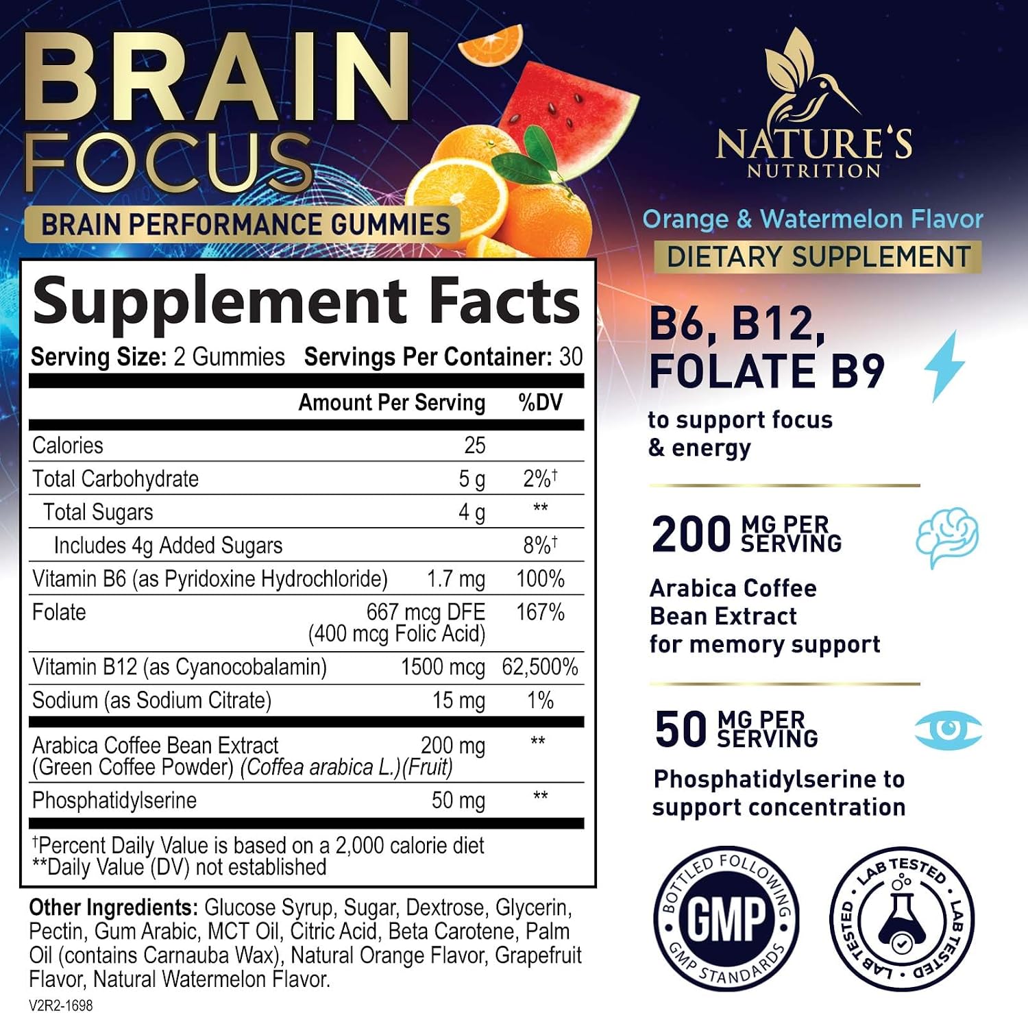 Nature's Nutrition Gomitas para Memoria y Concentración con Fosfatidilserina, B6 y B12 - 60 Gomitas