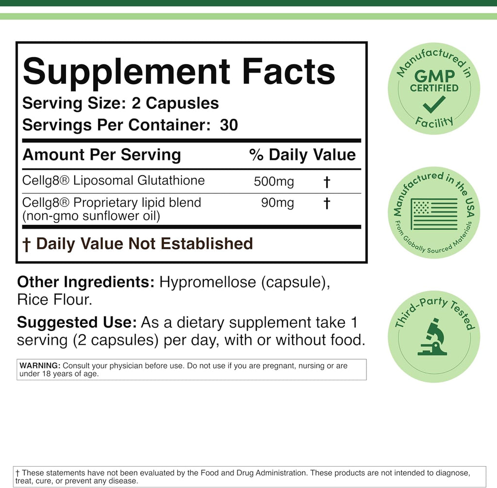 Suplemento de Glutatión Liposomal 500 mg por ración, 60 cápsulas - Vegano, No-GMO - Double Wood