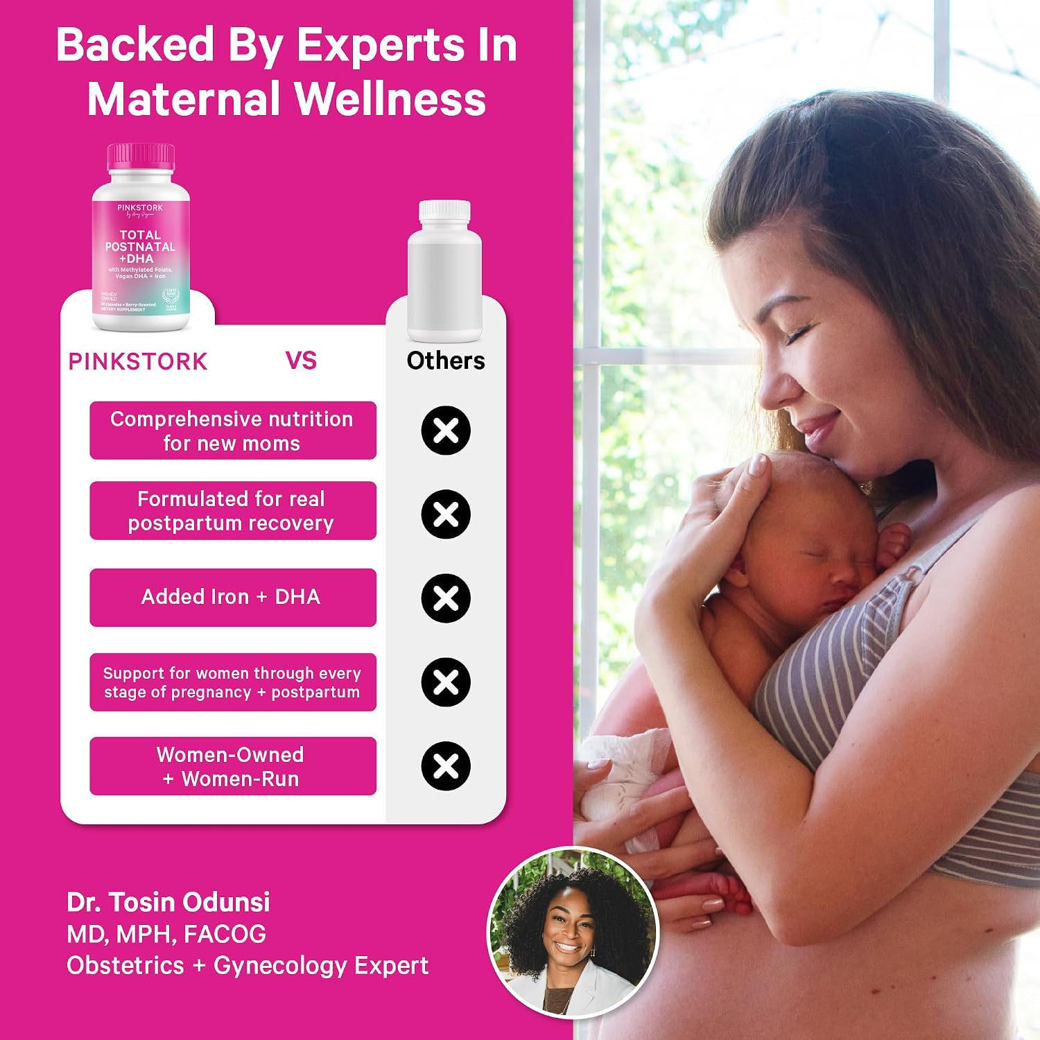 Pink Stork Total Postnatal - Vitaminas posnatales con DHA de algas, folato metilado y hierro - 60 cápsulas