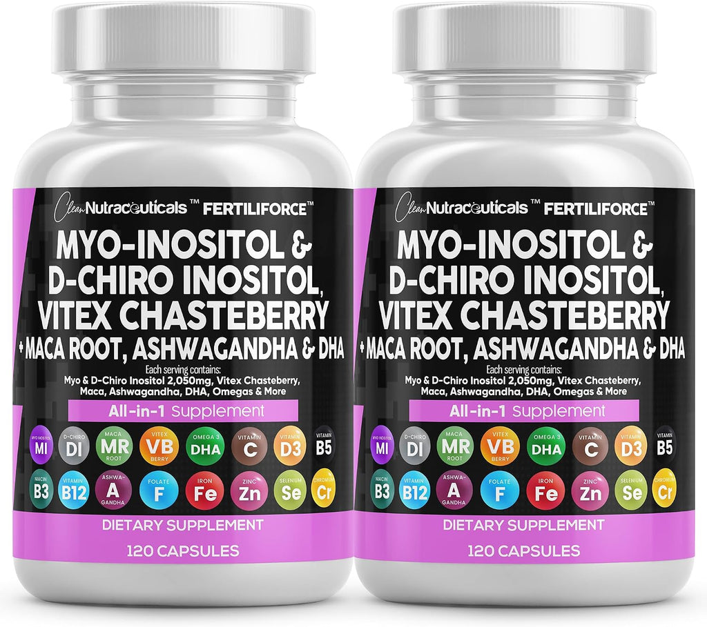 Clean Nutraceuticals Myo-Inositol & D-Chiro Inositol 2050mg - Suplemento de Fertilidad 40:1 con Ashwagandha, Maca, Vitex, DHA y Vitaminas (2 Paquetes)