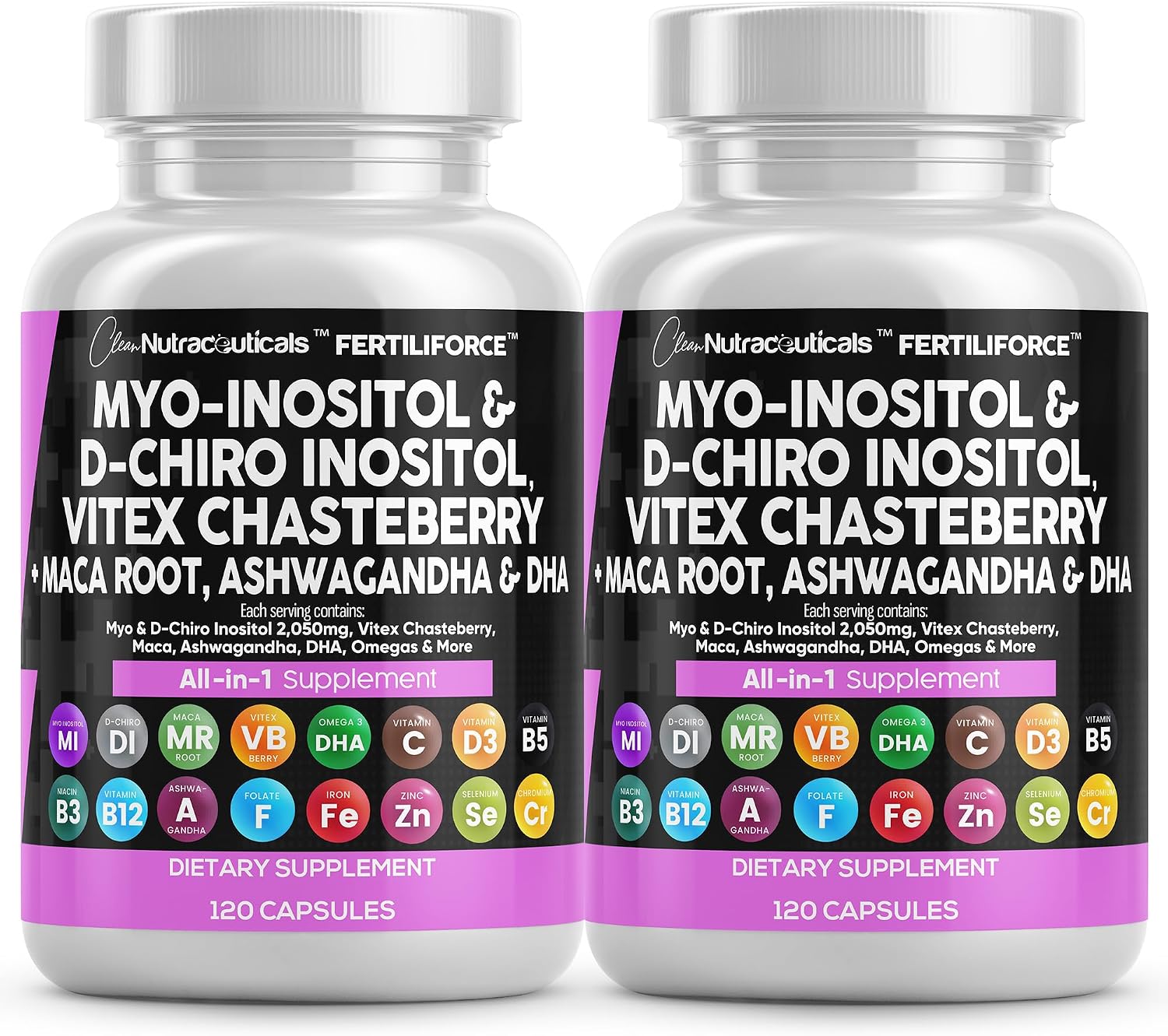 Clean Nutraceuticals Myo-Inositol & D-Chiro Inositol 2050mg - Suplemento de Fertilidad 40:1 con Ashwagandha, Maca, Vitex, DHA y Vitaminas (2 Paquetes)