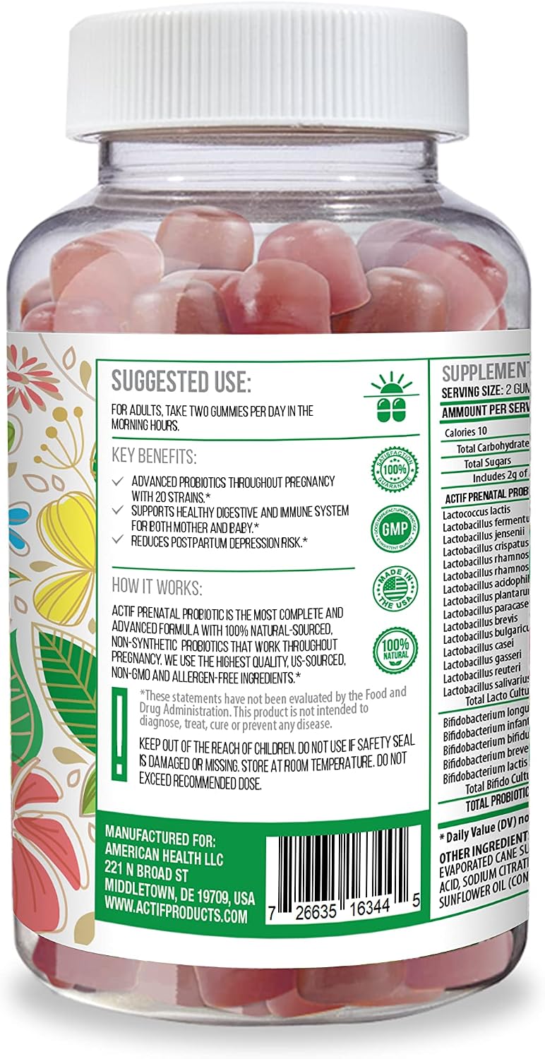 ACTIF Prenatal Probiotic Maximum Strength con 75 mil millones de UFC y 20 cepas, Apoyo Inmunitario y Digestivo, Fórmula Zero Náuseas - 60 Gominolas Sabor Fresa