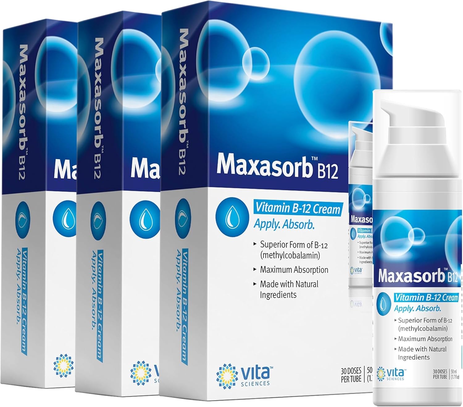 Vita Sciences Maxasorb B12 Crema de Vitamina B12 1000 mcg - Metilcobalamina Tópica para Energía y Piel Radiante - Pack de 6