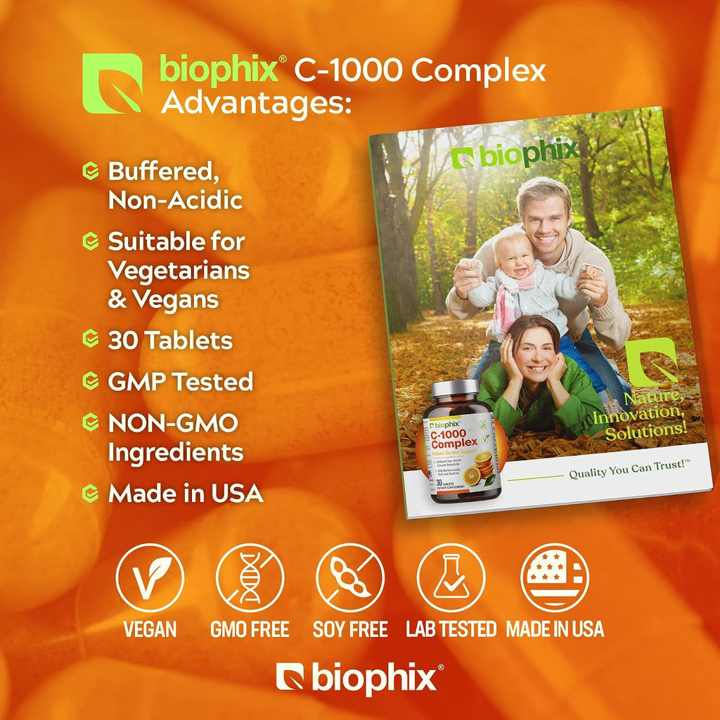 biophix Vitamin C 1000 mg - 30 Tablets - Vegan Complex with Calcium Ascorbate, Bioflavonoids, Acerola and Rutin
