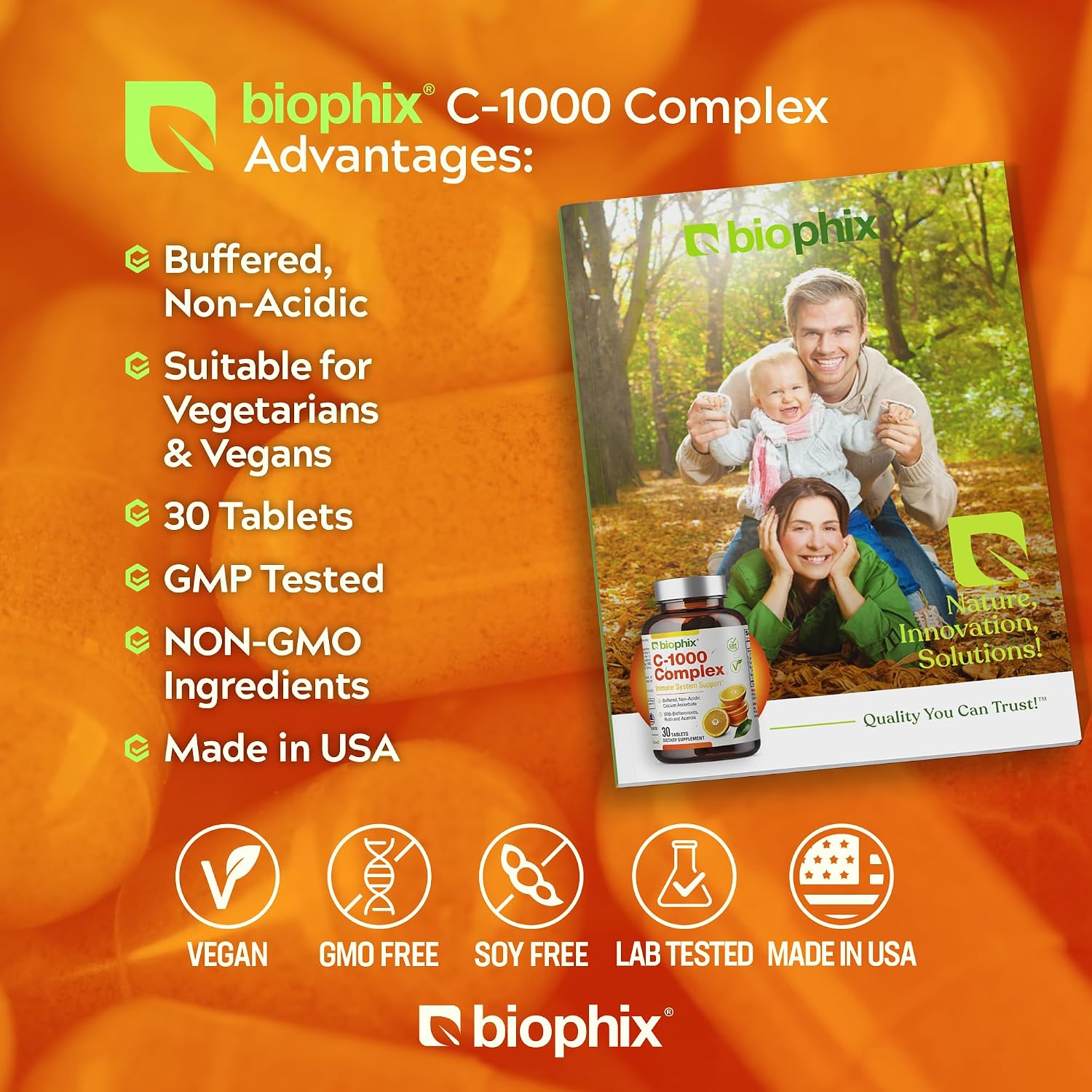 biophix Vitamin C 1000 mg - 30 Tablets - Vegan Complex with Calcium Ascorbate, Bioflavonoids, Acerola and Rutin