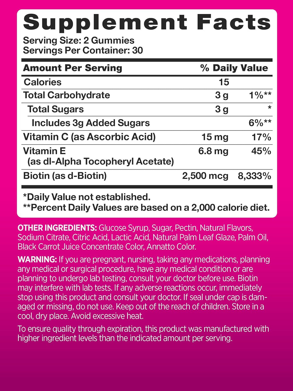 PINK Biotin Gummies | 2.500 mcg | 60 Gominolas | Vitamina para Cabello, Piel y Uñas | Sabor Fruta | Sin Gluten y No GMO