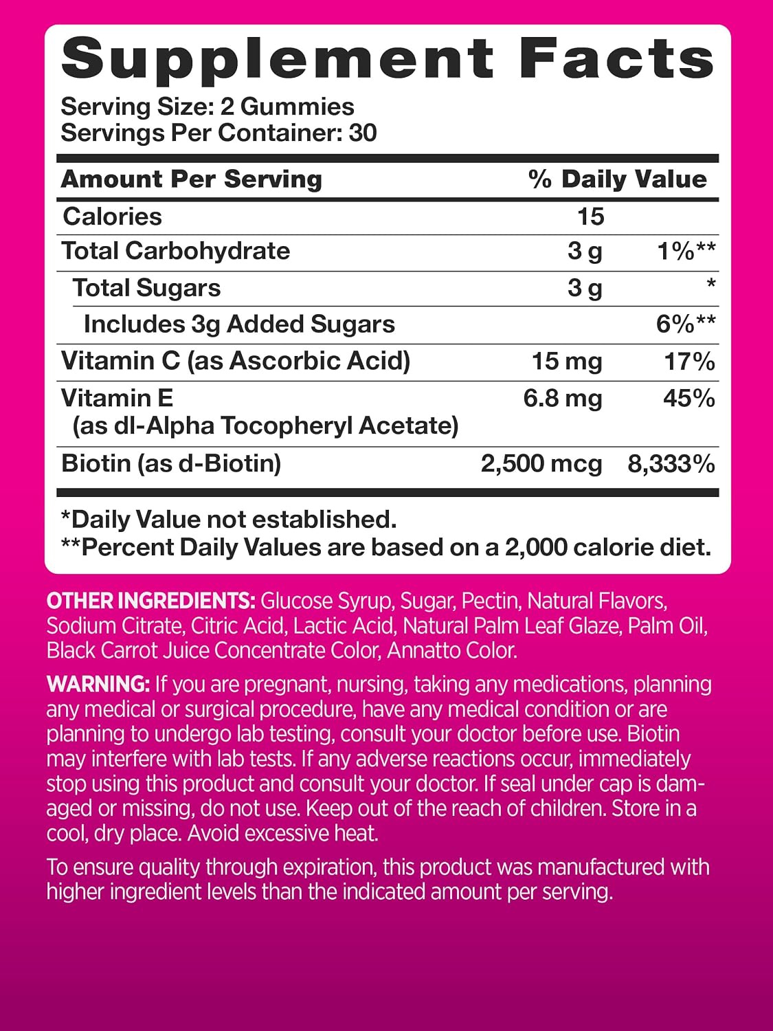 PINK Biotin Gummies | 2.500 mcg | 60 Gominolas | Vitamina para Cabello, Piel y Uñas | Sabor Fruta | Sin Gluten y No GMO
