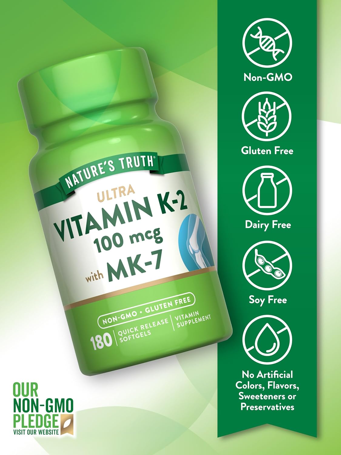 Nature's Truth Vitamina K2 MK-7 | 100 mcg | 180 Cápsulas Blandas | No-GMO y Sin Gluten