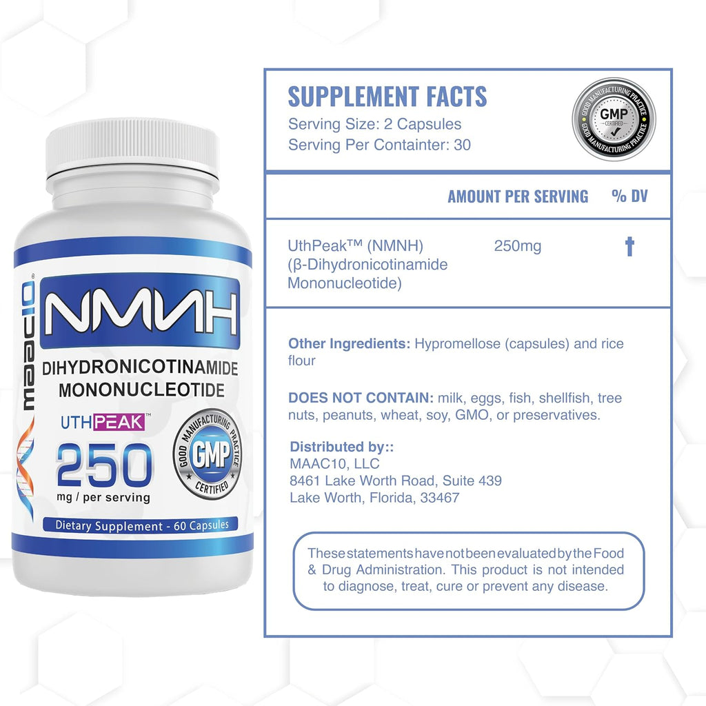 MAAC10 NMNH (Dihidronicotinamida Mononucleótido) 250 mg por Dosis | 60 Cápsulas | Uthpeak™