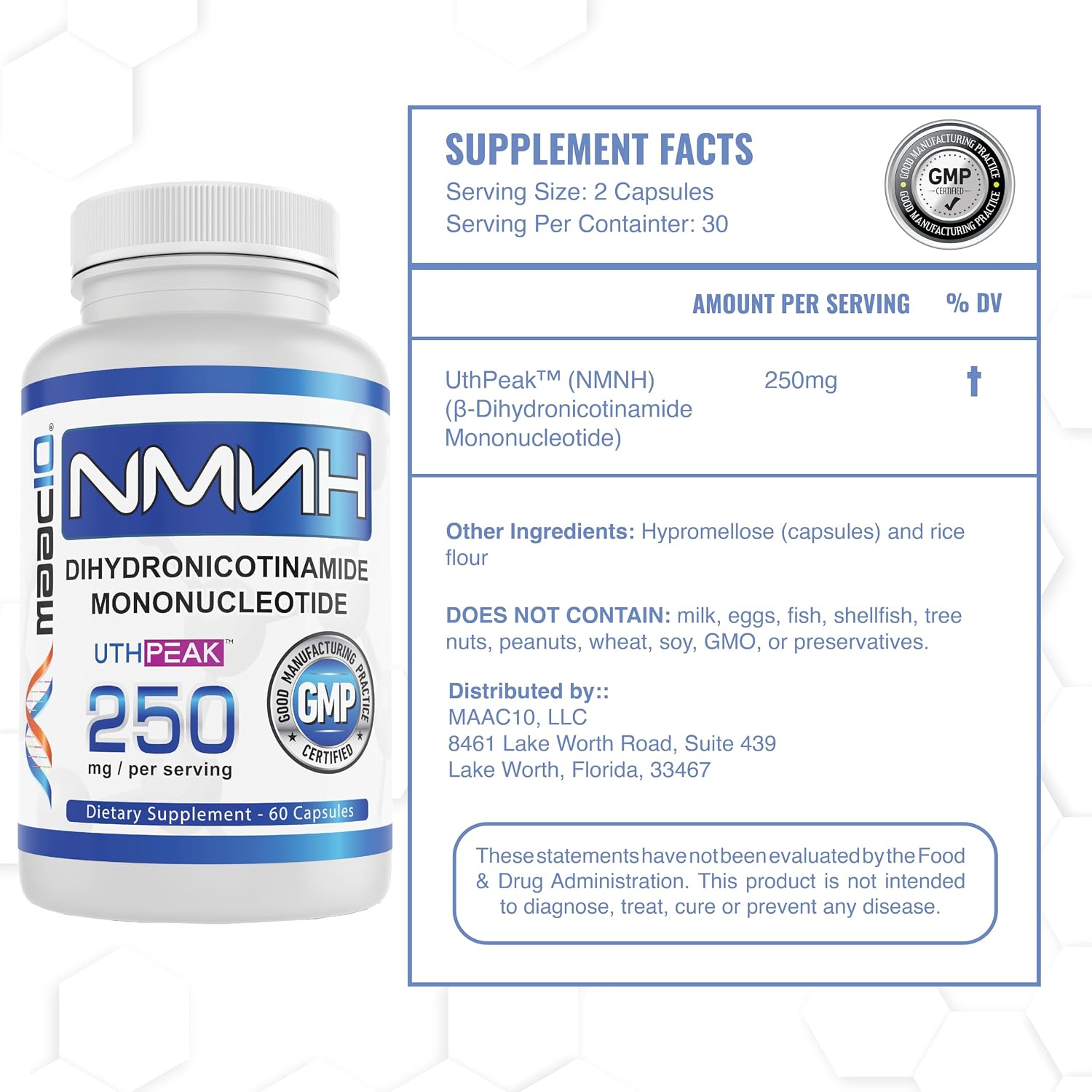 MAAC10 NMNH (Dihidronicotinamida Mononucleótido) 250 mg por Dosis | 60 Cápsulas | Uthpeak™