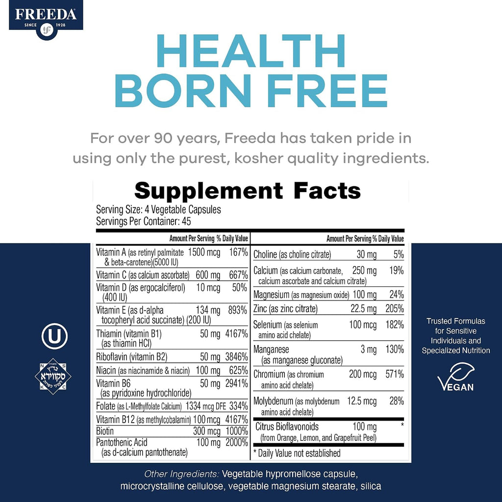 FREEDA SCD Multivitamin – Daily Multivitamin for Men & Women – Vegan, Gluten-Free, Kosher Certified – 180 Capsules