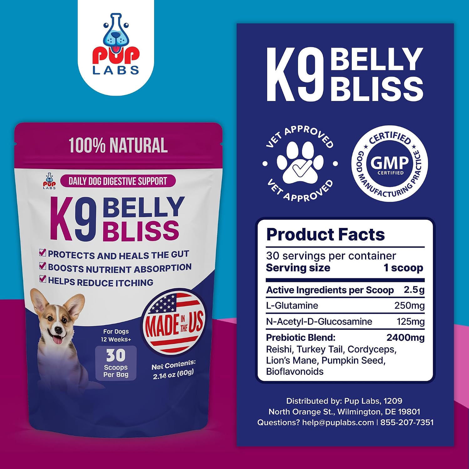 K9 Belly Bliss - Prebiótico Natural para la Salud Digestiva de Perros, 30 Dosis