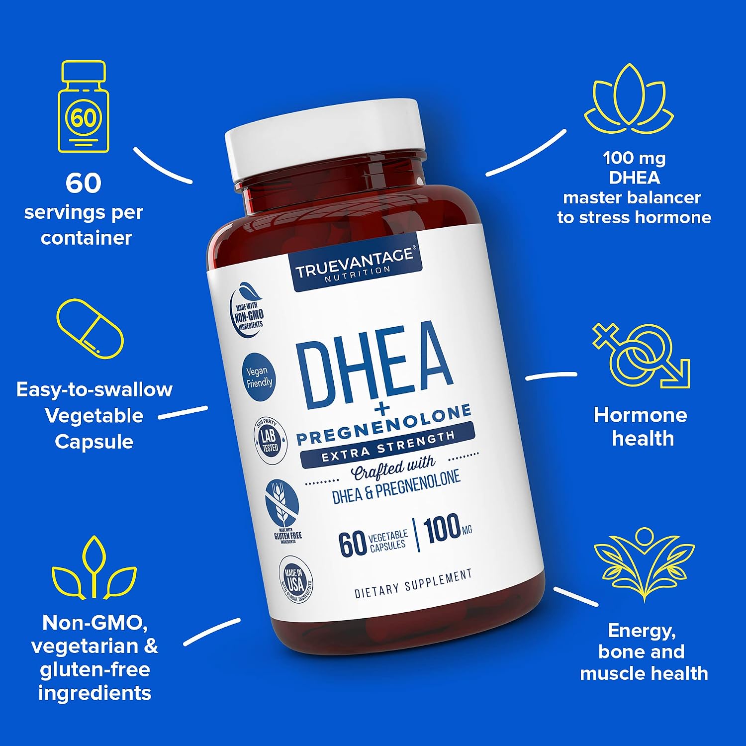 Truevantage DHEA 100mg con Pregnenolona 60mg - Cápsulas Vegetales No Transgénico