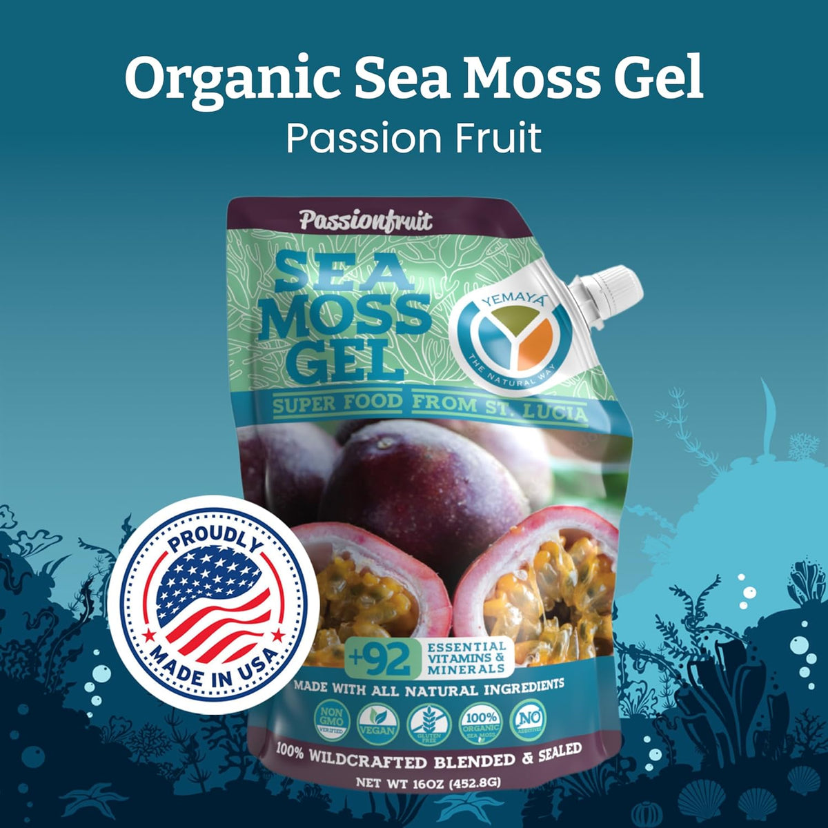 Yemayá Organic Sea Moss Gel - Wildcrafted con Fruta Real, Sabor Maracuyá, 473 ml – Image 2