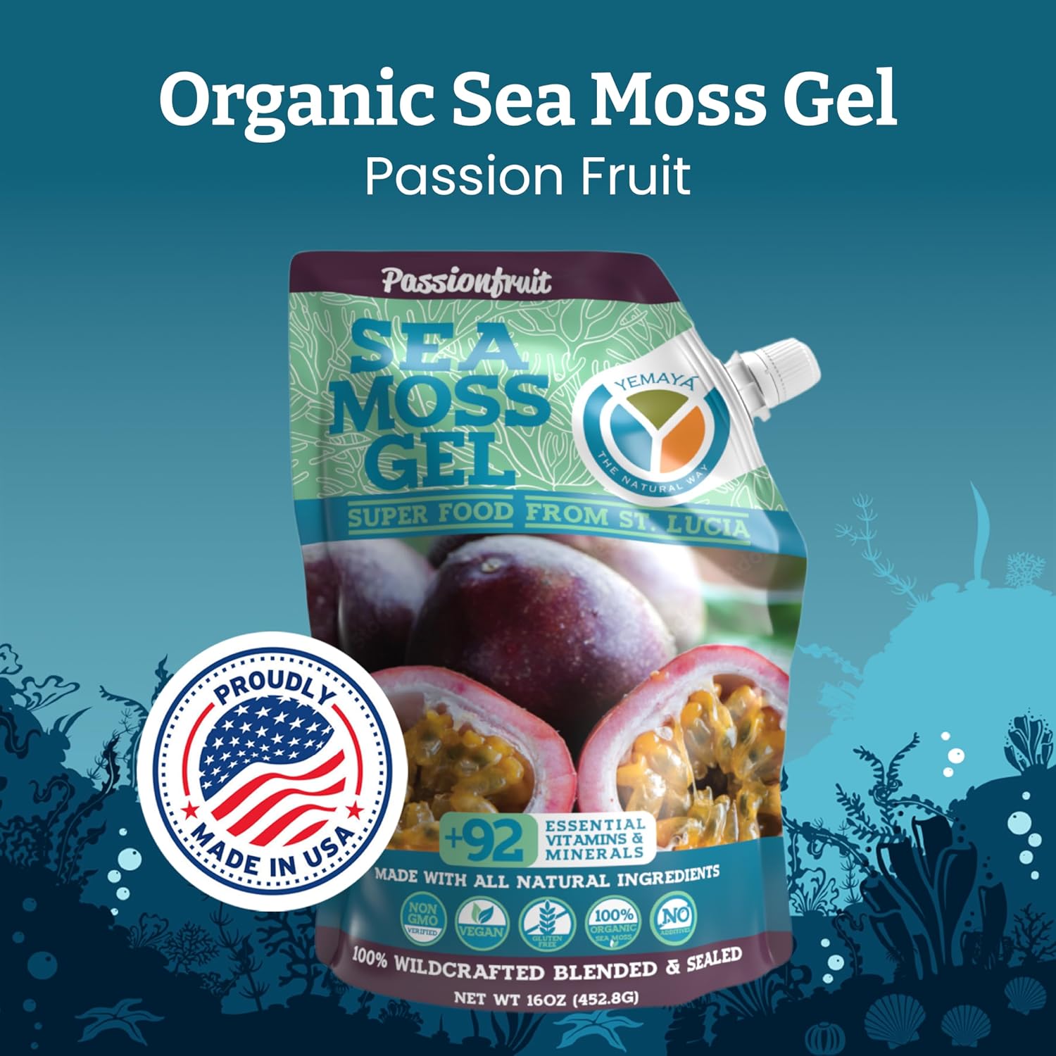 Yemayá Organic Sea Moss Gel - Wildcrafted con Fruta Real, Sabor Maracuyá, 473 ml