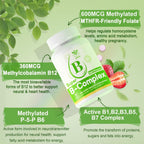 Complejo B Vitaminas sin Azúcar con Metil B12, Metilfolato, B6, B1, B2, B3 - Comprimidos Sublinguales de Rápida Disolución - 180 Comprimidos Veganos