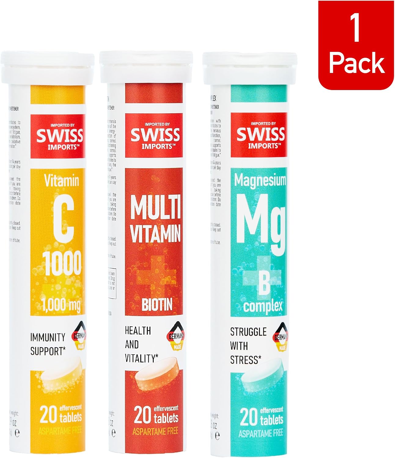 Effervescent Variety Pack with Vitamin C 1000mg, Magnesium + B Complex, Multivitamin + Biotin, 3-Pack, 60 Tablets