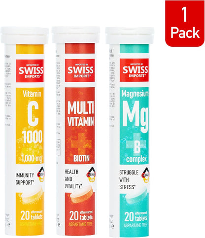 Effervescent Variety Pack with Vitamin C 1000mg, Magnesium + B Complex, Multivitamin + Biotin, 3-Pack, 60 Tablets – Image 2