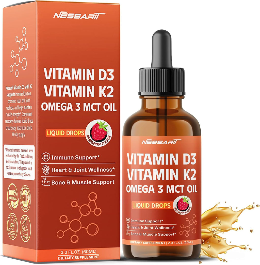 NESSARIT Vitamina D3 10.000 UI y K2 150 mcg Gotas Líquidas con Aceite MCT Omega 3 - Sabor Frambuesa - 60 ml