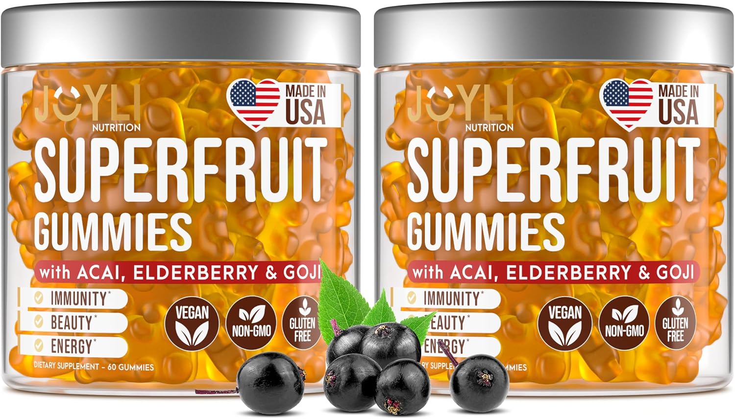 Joyli Superfruit Gummies - Gomitas Multivitamínicas sin Azúcar para Adultos - Vitaminas Naturales con Goji, Saúco, Vitamina A, C, D y E - Apoya la Inmunidad, Digestión y Energía