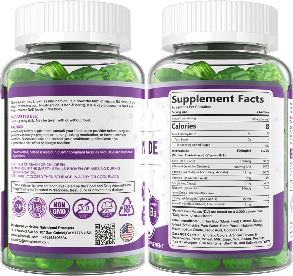 Gominolas de Nicotinamida 500mg sin Azúcar, (Niacinamida sin Flush) Suplemento de Vitamina B3 para Metabolismo Energético y Vitalidad, Sabor Arándano, 120 Unidades