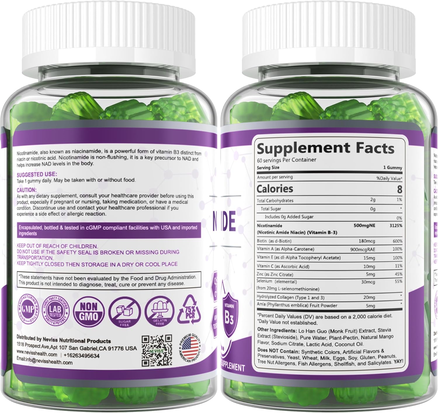 Gominolas de Nicotinamida 500mg sin Azúcar, (Niacinamida sin Flush) Suplemento de Vitamina B3 para Metabolismo Energético y Vitalidad, Sabor Arándano, 120 Unidades