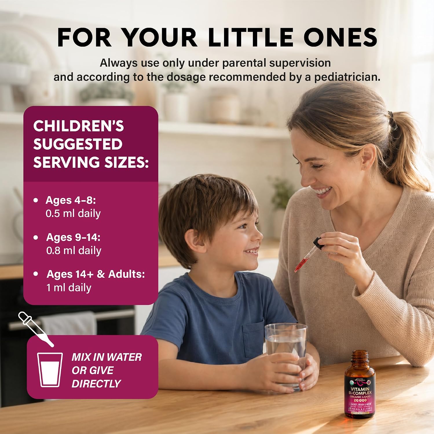 Complejo de Vitamina B Orgánico USDA - B5 Ácido Pantoténico, B12 Metilcobalamina, B1 Tiamina, B6 Piridoxina, B7 Biotina, B9 Fólico, B3 Niacinamida - Gotas Líquidas con Sabor a Baya Natural, 59 ml