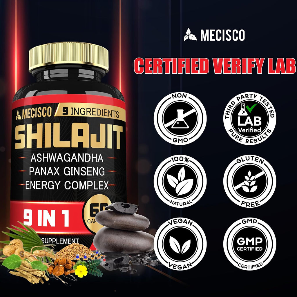 Shilajit con Ashwagandha, Ginseng, L-Arginina y más - 60 Cápsulas - Mecisco