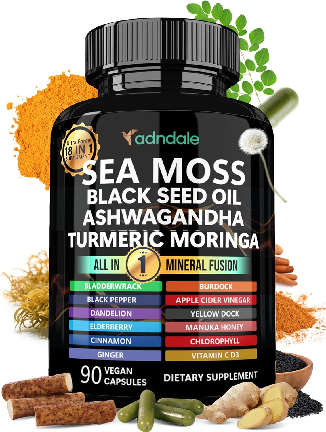 Adndale Sea Moss Capsules - Mezcla de 18 Ingredientes con Ashwagandha y Cúrcuma - 180 Cápsulas