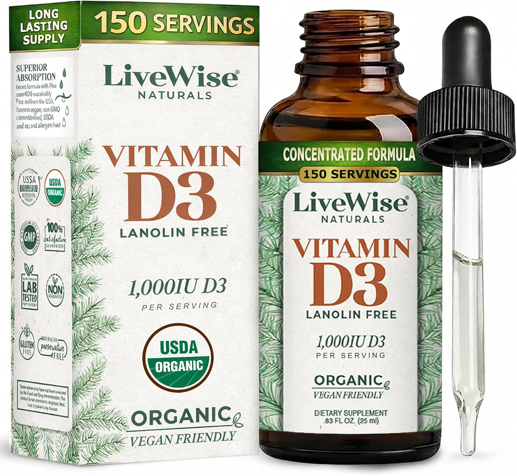 Live Wise Naturals Vitamina D3 1000 UI (25 mcg) Gotas - Fórmula Ultra Concentrada, Absorción Rápida, Vegana, con Aceite MCT Orgánico y Dosificador Microdosis